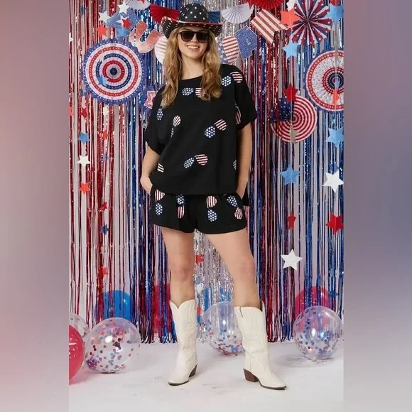 Fantastic Fawn patriotic sequin sunnies graphic tee oversized L - Picture 4 of 11